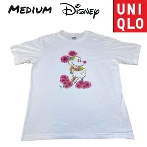 UT Uniqlo Floral Mickey Mouse Shirt Adult MED White Short Sleeve Cotton Disney